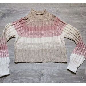 alterd state Women's Pink/BeigetWhite Striped Long Sleeve Pullover Sweater Small